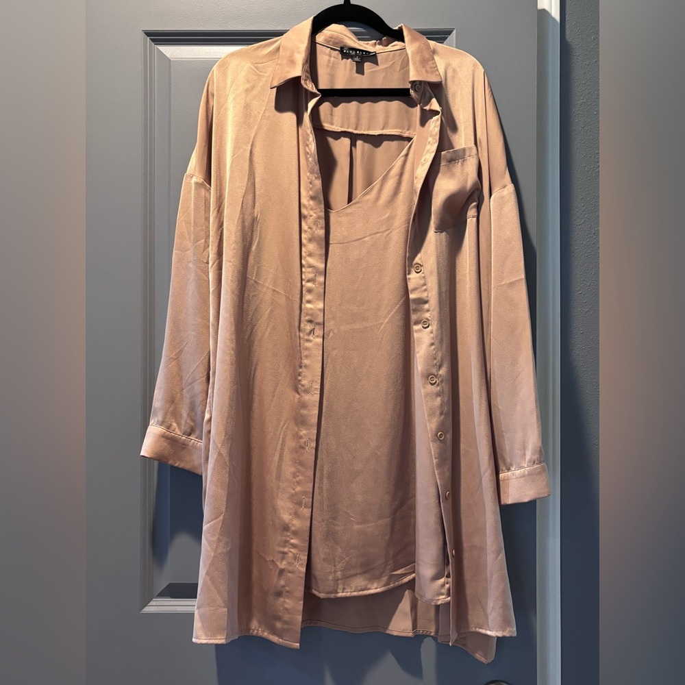 Blue Blush Tan Trench Coat Lightweight Satin Finish